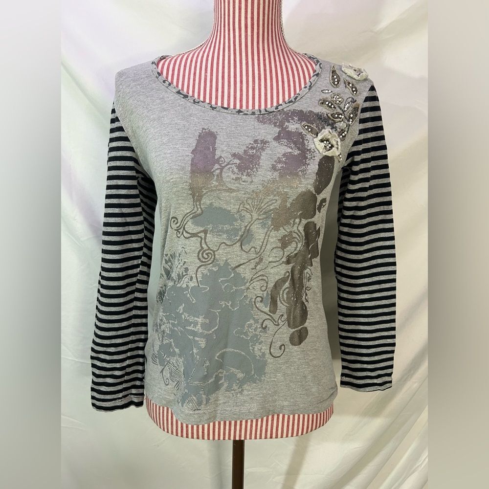 Vintage Y2K Top Embroidered Beaded Striped Gray Black Floral Whimsigoth Sz Small